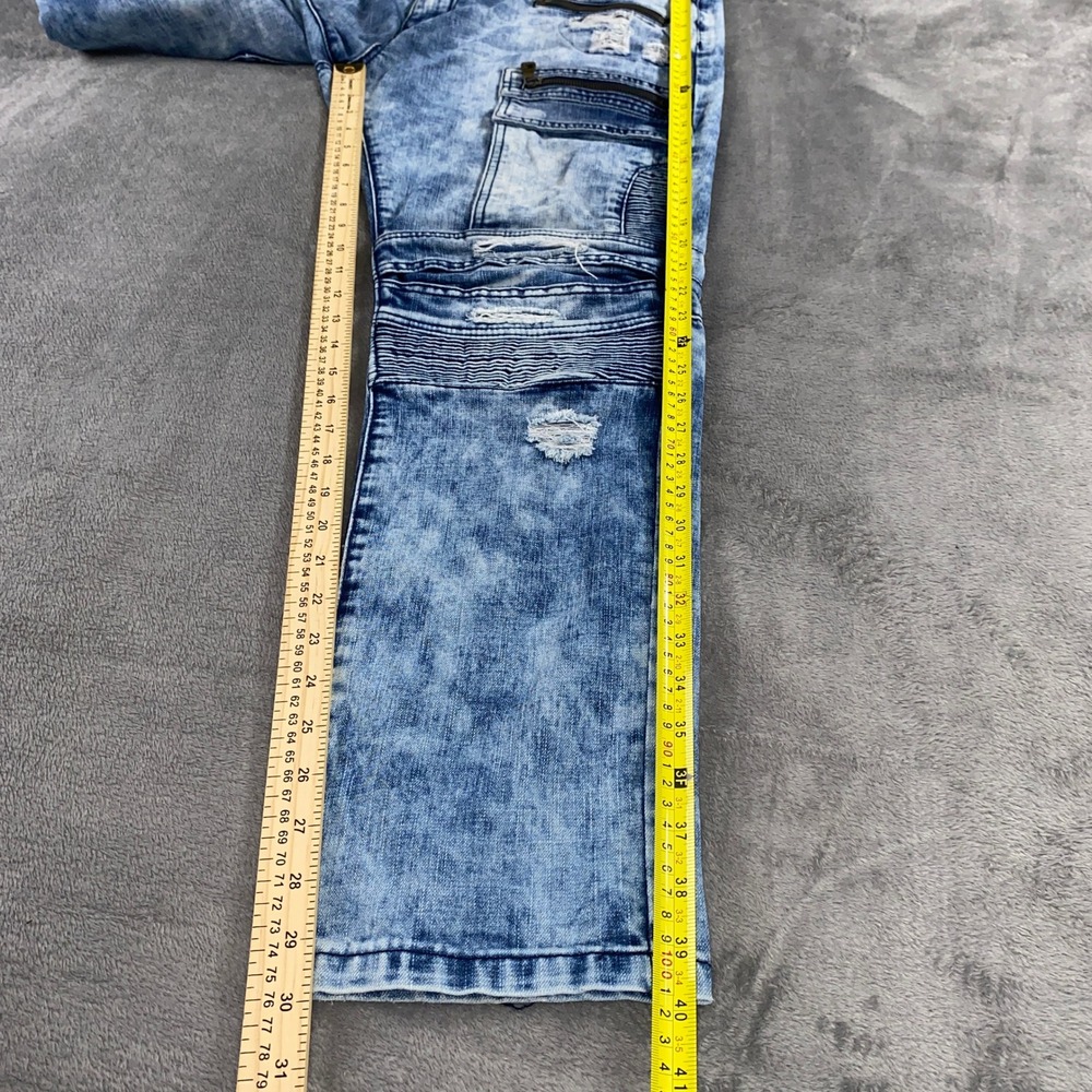 Smoke Rise Moto Jeans Mens 36 Blue Acid Wash Distressed Biker Cargo Slim Pants - Picture 6 of 11